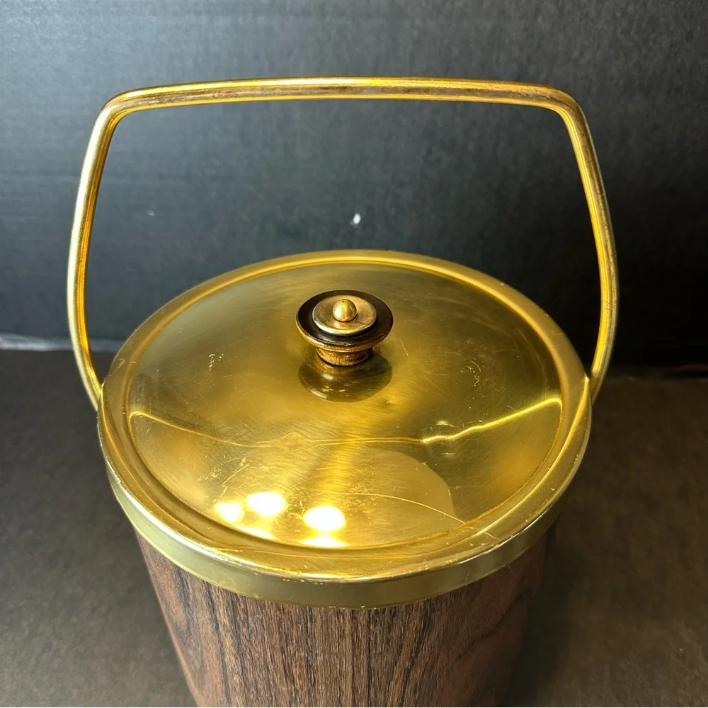 Vintage MCM Ice Bucket Faux Wood Grain Vinyl Brass Handle Lid Barware 1960s 70s